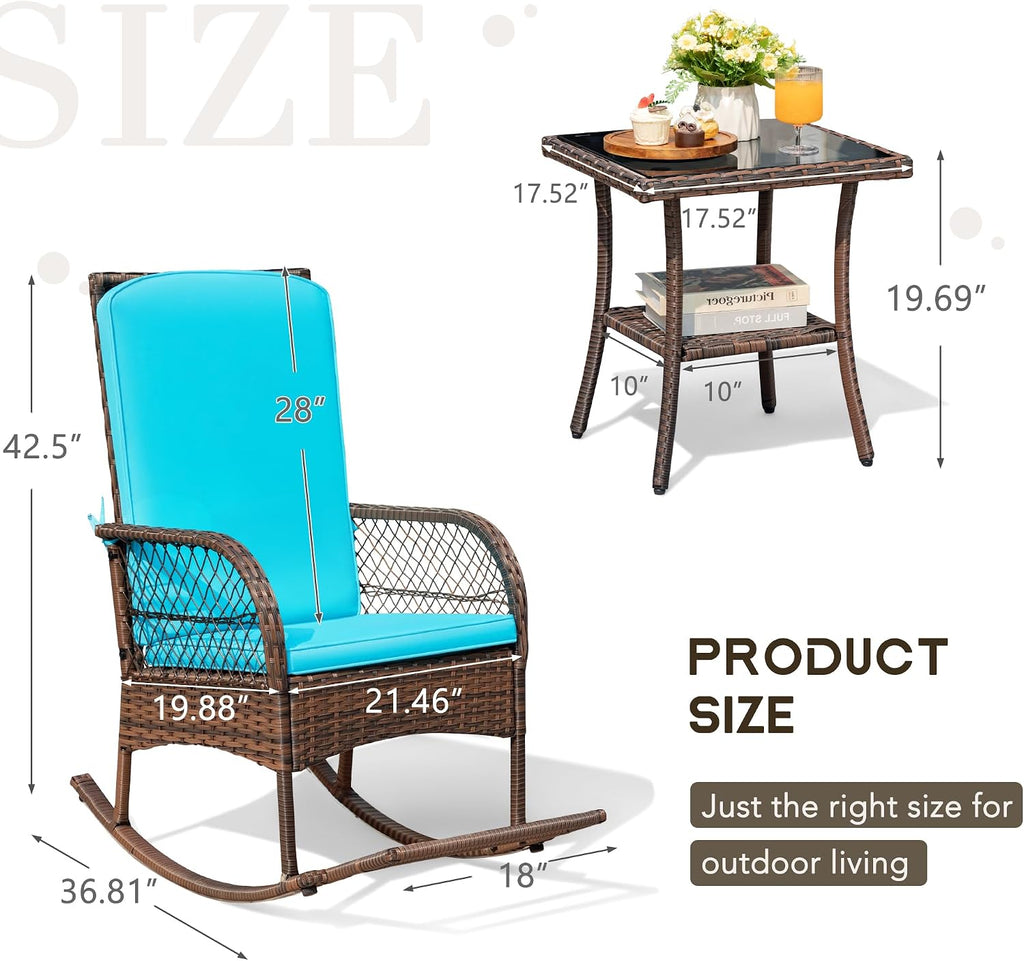Devoko Outdoor Rocking Chairs 3 Piece Patio Furniture Set with Side Table & Cushions, Wicker Porch Rocker Bistro Set High Back for Balcony, Backyard, Garden (Blue)