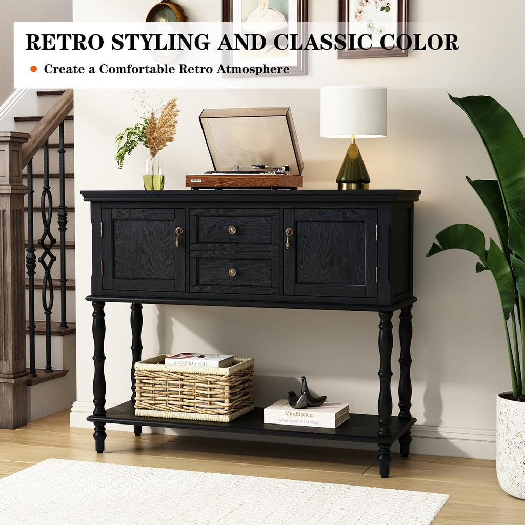 ARTPOWER Console Table with 2 Drawers, Retro Entryway Table with 2 Door Cabinets and Open Storage Shelf, Narrow Long Behind Couch Sofa Table for Living Room, Foyer, Hallway, Black