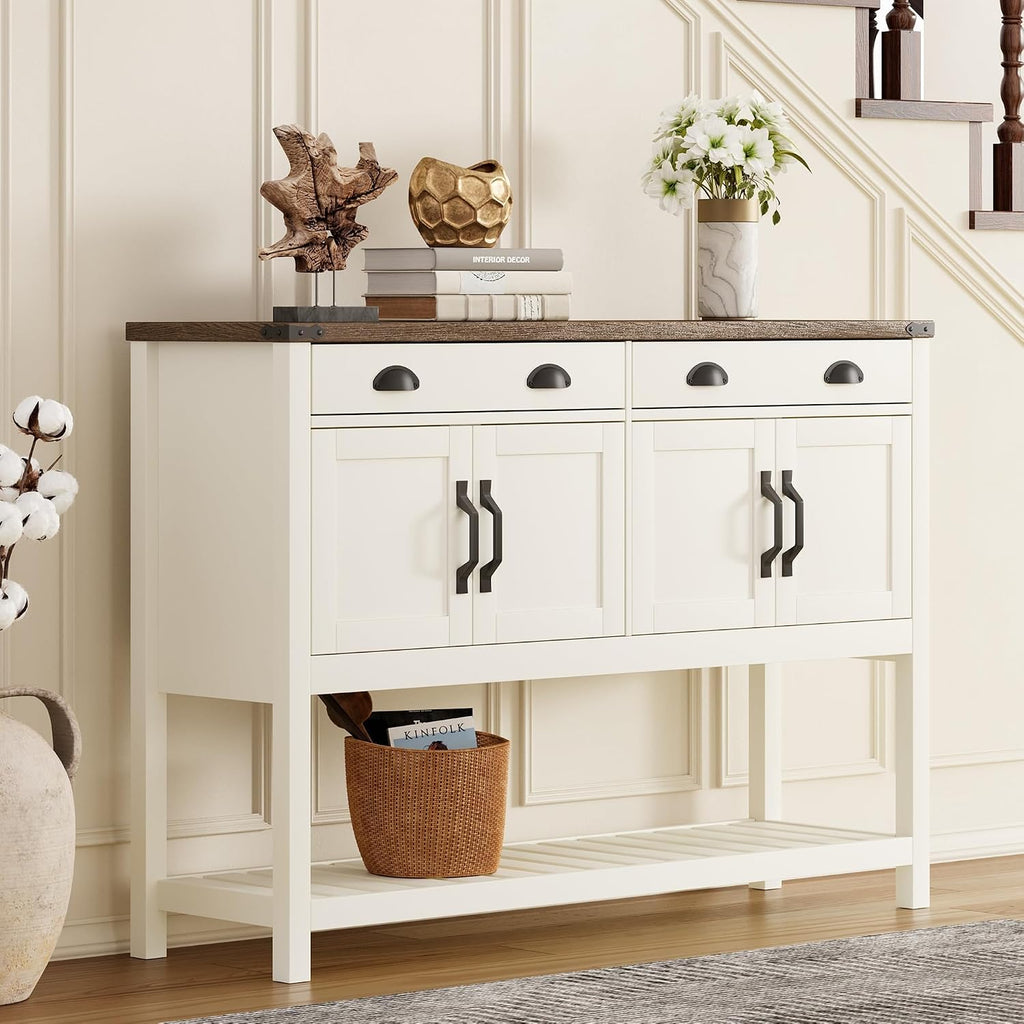 ChooChoo 47' Farmhouse Console Table with Storage, Rustic Entryway Table with Drawers & Doors, Narrow Long Sofa Table for Living Room, Hallway, Behind Couch, Soft White and Brown