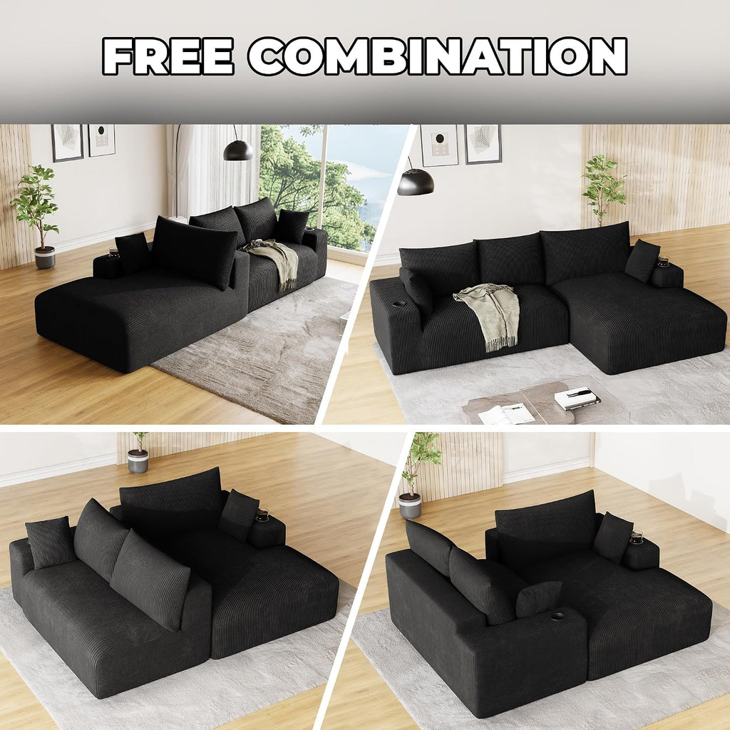 Oversized L Shaped Boneless Couch with Wide Right-Facing Chaise, 113' Fluffy Cloud Sectional Couches for Living Room, Plush Corduroy Memory Foam Modular Sectional Sofa with Cup Holder, Black