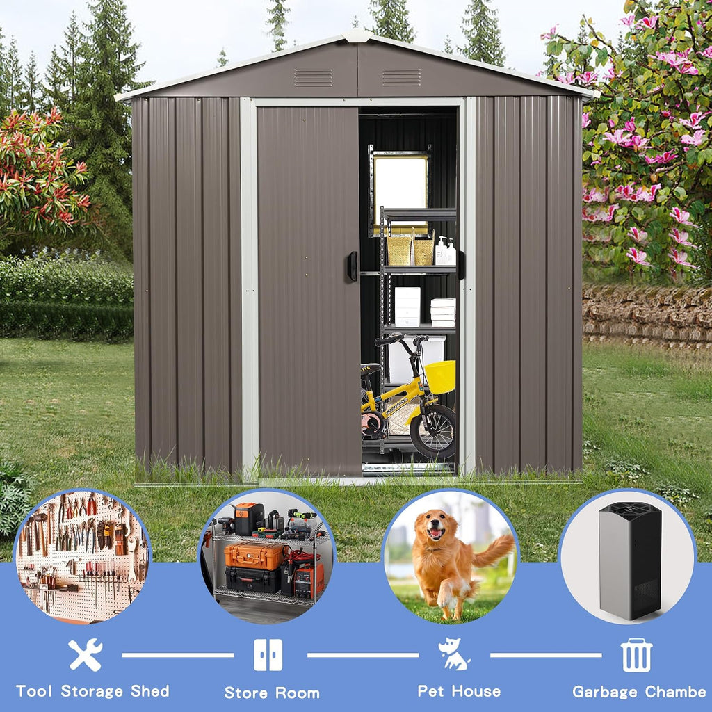 8 X 4 FT Outdoor Storage Shed Large Metal Utility Tool Sheds with Floor Frame and Window Vertical Outside Storage Building with Sliding Door for Backyard Garden Patio Lawn, Gray