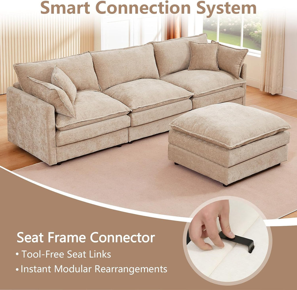 GNIXUU 102' Modular Sectional Sofa, L Shaped Cloud Couch with Movable Ottoman & 4 Pillows, Deep Seat Chenille 4 Seater Sectional Couches for Living Room, Apartment (Camel)