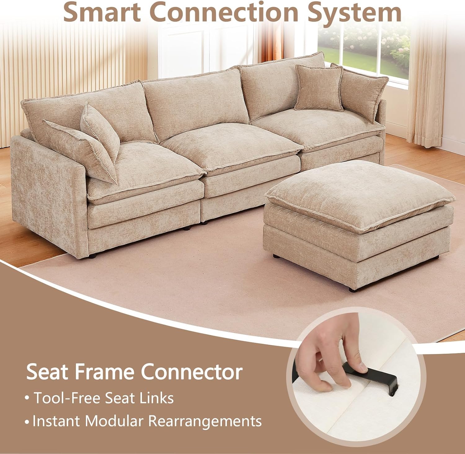 GNIXUU 102' Modular Sectional Sofa, L Shaped Cloud Couch with Movable Ottoman & 4 Pillows, Deep Seat Chenille 4 Seater Sectional Couches for Living Room, Apartment (Camel)