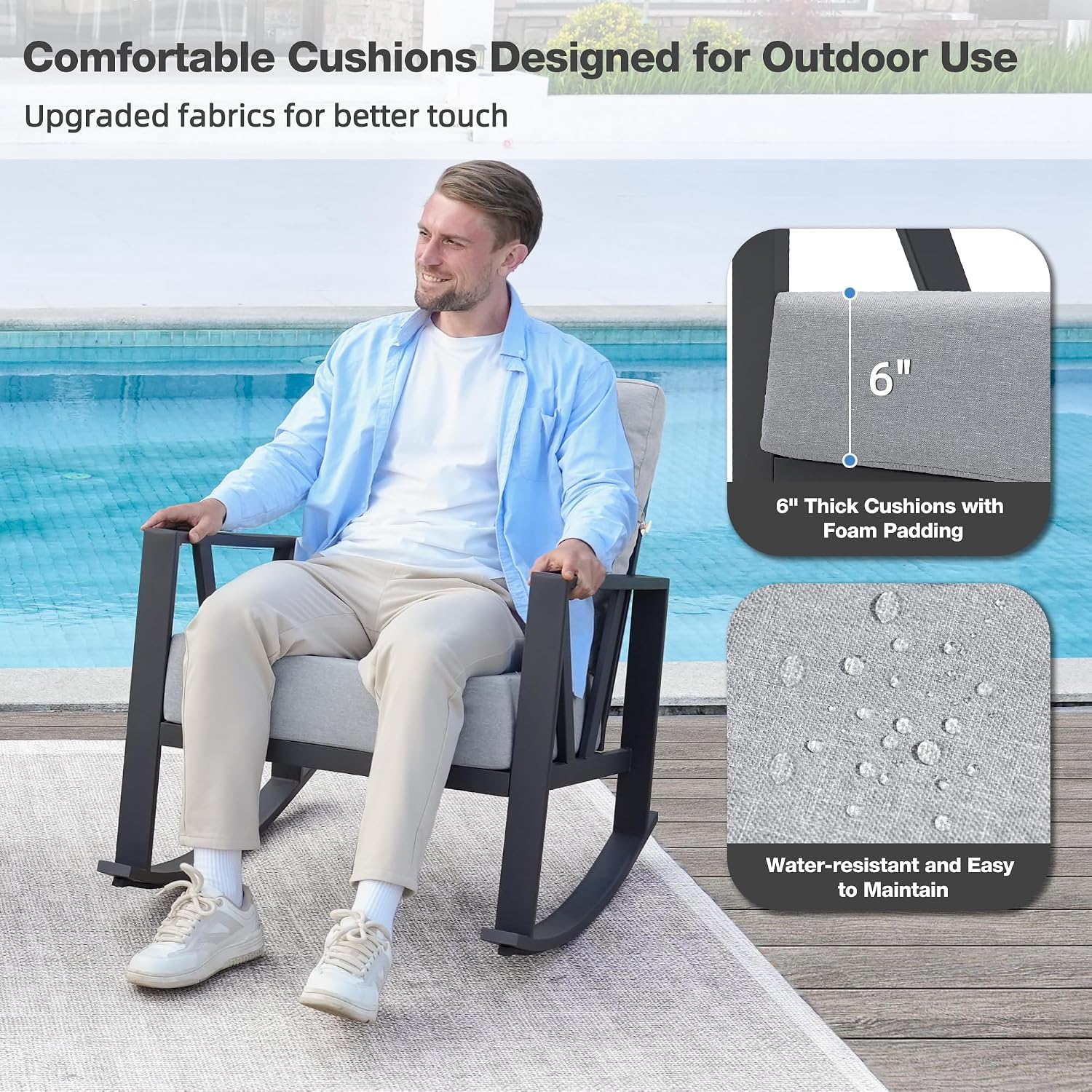 Outdoor Patio Rocking Chairs Set of 2, 3 Pieces Patio Porch Furniture Set with 6' Thick Cushions, Outdoor Bistro Set with Coffee Table, Light Grey