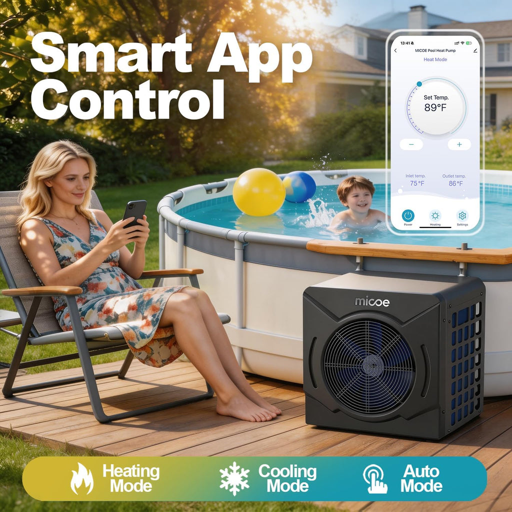 MICOE 18000 BTU Pool Heater for Above Ground Pools, Swimming Pool Heat Pump, Heating and Cooling, Smart App Control，Titanium Heat Exchanger, Ultra Quiet 50dB, 110V