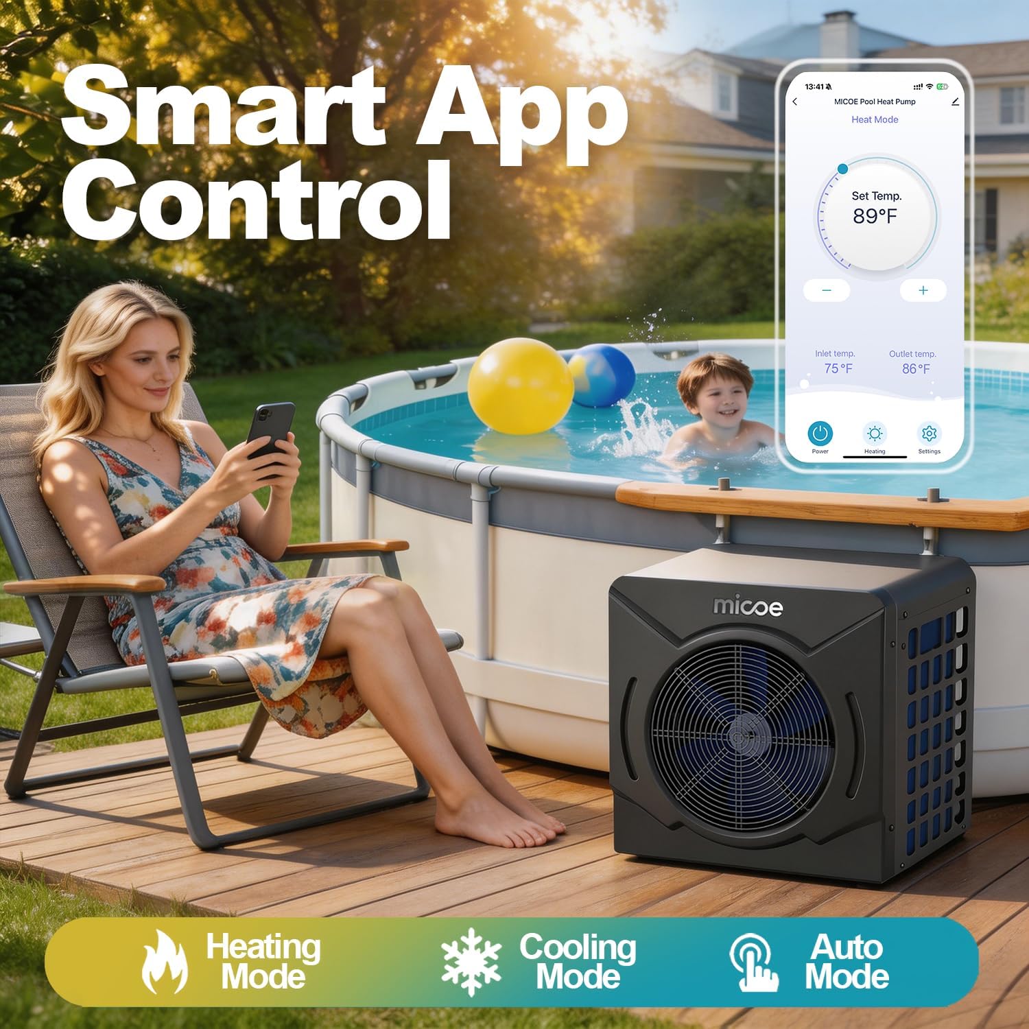 MICOE 18000 BTU Pool Heater for Above Ground Pools, Swimming Pool Heat Pump, Heating and Cooling, Smart App Control，Titanium Heat Exchanger, Ultra Quiet 50dB, 110V