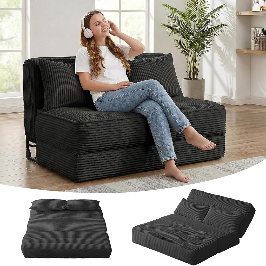 Convertible Sofa Bed with Fixed Frame,Boneless Couch Folding Loveseat Sleeper with 5-Position Adjustable Backrest & Thickened Cushion,Futon Couch with 2 Pillows for Bedroom,Small Spaces