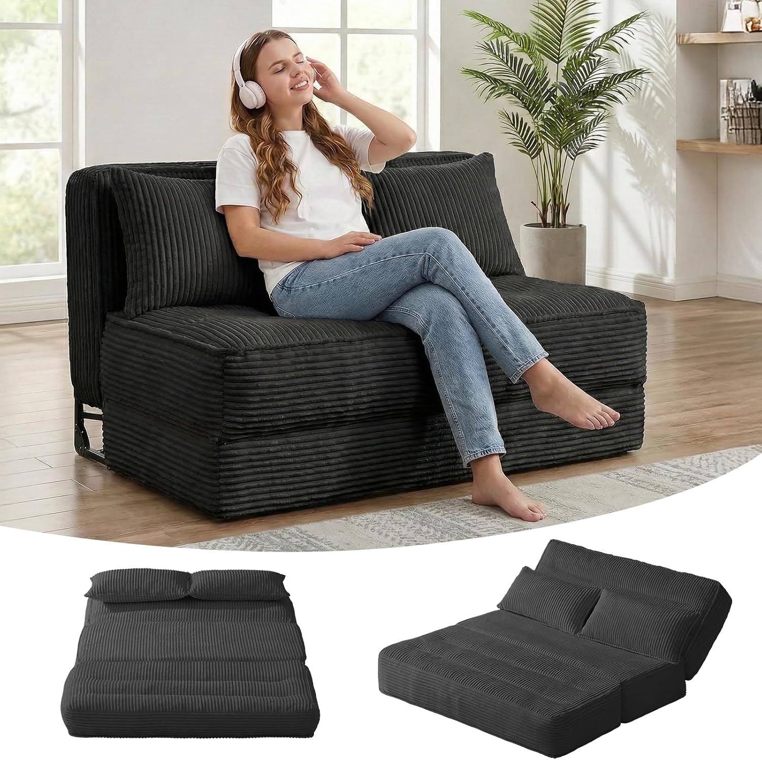 Convertible Sofa Bed with Fixed Frame,Boneless Couch Folding Loveseat Sleeper with 5-Position Adjustable Backrest & Thickened Cushion,Futon Couch with 2 Pillows for Bedroom,Small Spaces