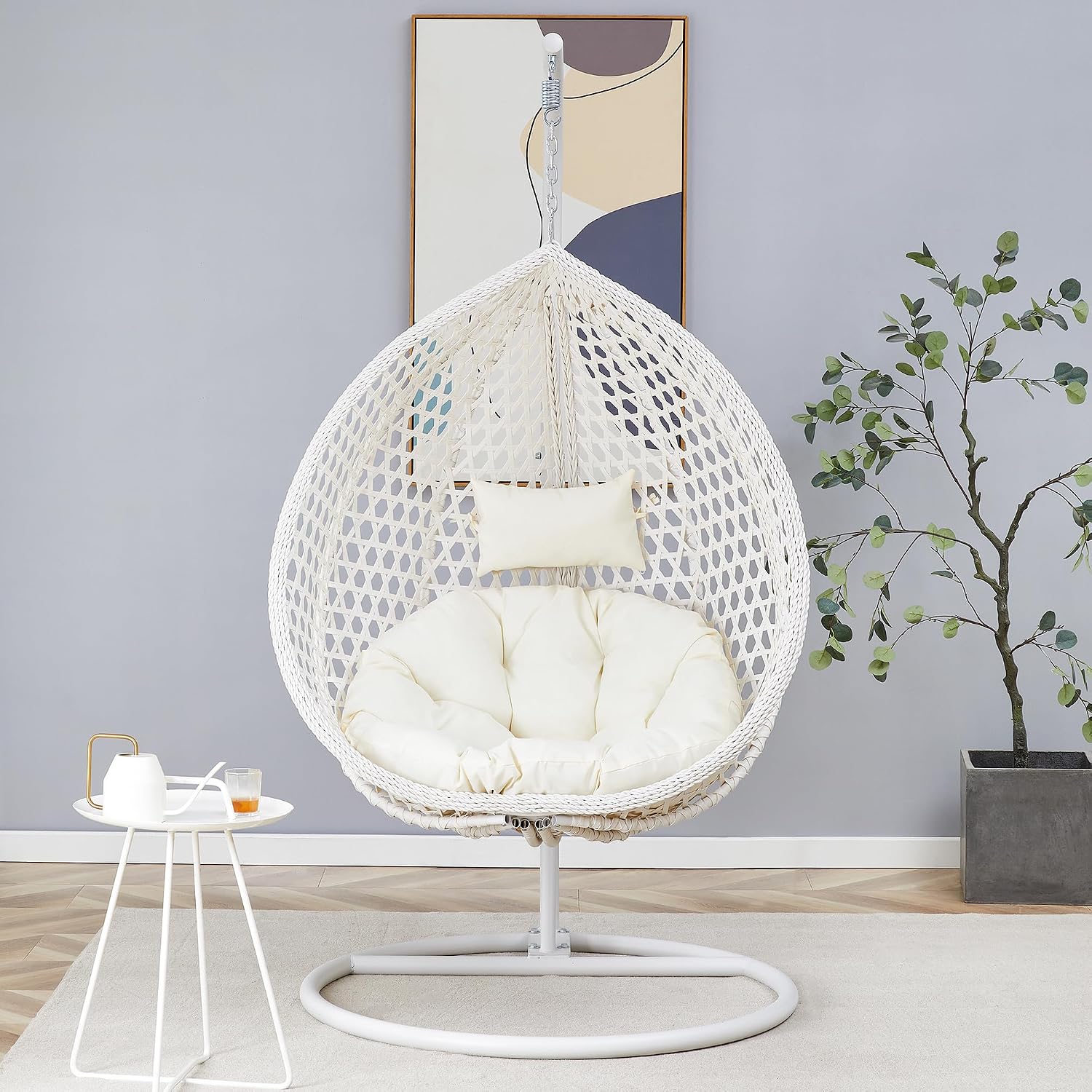 Egg Chair Indoor Outdoor, Hanging Chair for Bedroom, Swing Chair Hammock with Stand & Cushions, Comfy Swinging Adult Reading for Patio Balcony Backyard, Heavy Duty 350LBS, White