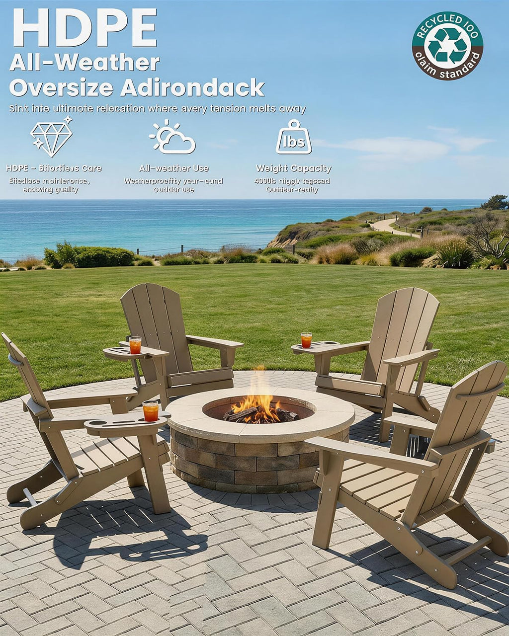 FOOWIN Folding Adirondack Chair, HDPE Adirondack Chairs with Cup Holder, Weather Resistant Plastic Fire Pit Chairs for Outdoor, Patio, Lawn, Garden, Backyard, Deck, Brown