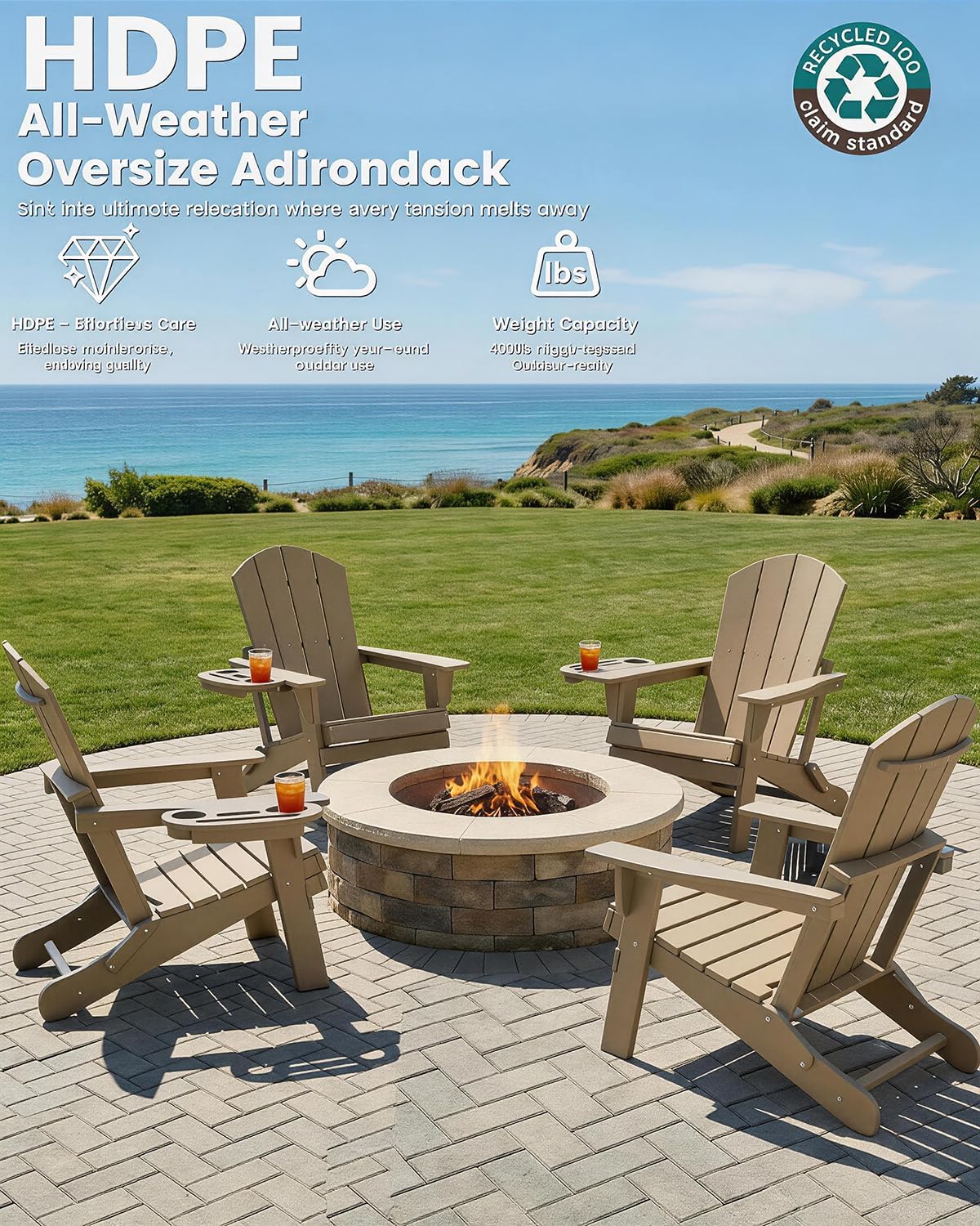 FOOWIN Folding Adirondack Chair, HDPE Adirondack Chairs with Cup Holder, Weather Resistant Plastic Fire Pit Chairs for Outdoor, Patio, Lawn, Garden, Backyard, Deck, Brown