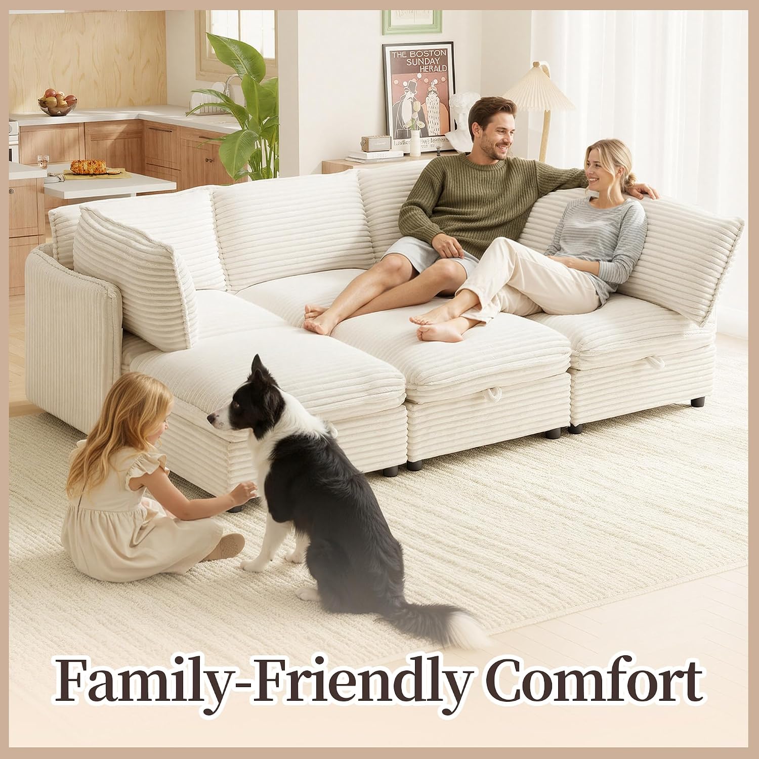 Oversized Corduroy Modular Sectional Sofa Bed with Hidden Storage, Convertible L U Sleeper Couch, 6-Seat Modular Sofa Free Combination with Ottoman & Removable Covers for Living Room, Black