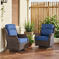 Outdoor Wicker Swivel Rocker Chair with 6-Inch Thick Cushions, High Back Patio Glider Chair, 360° Swivel & Rocking Motion for Porch, Deck, Balcony, Poolside, Brown/Blue