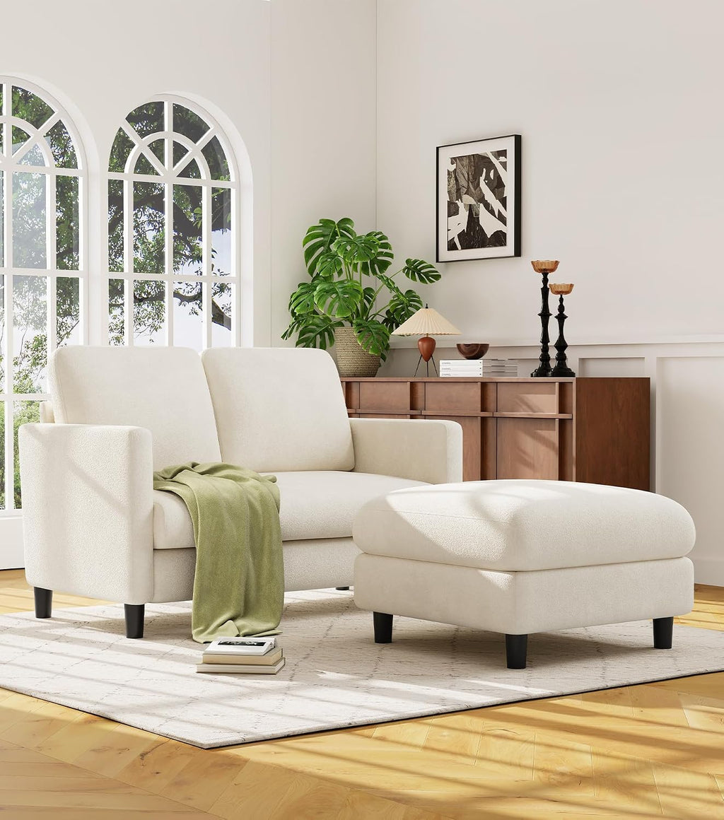 Welzona Loveseat, 51' Small L Shaped Couch, Comfy Teddy Love Seat with Ottoman Set, Tool-Free Setup Loveseat Sofa with Ottoman, All-Wood Small Sofa Couch for Bedroom, Couch for Living Room, Beige