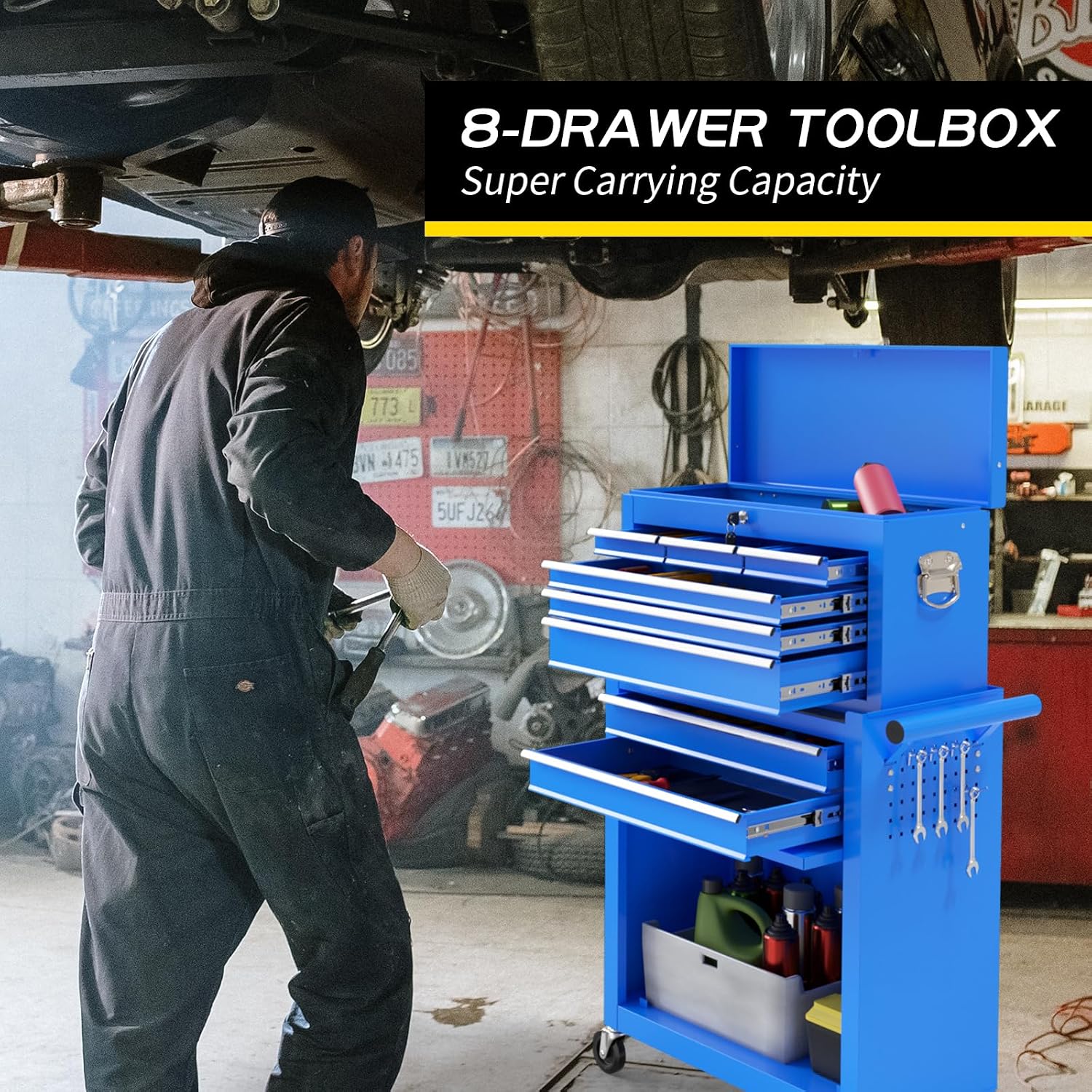 On Shine 8 Drawer Rolling Tool Chest, Large Capacity Rolling Tool Box with Wheels, Locking Mechanical Tool Chest, Portable Tool Box with Sliding Drawers for Garage Workshop and Tool Room (Blue)