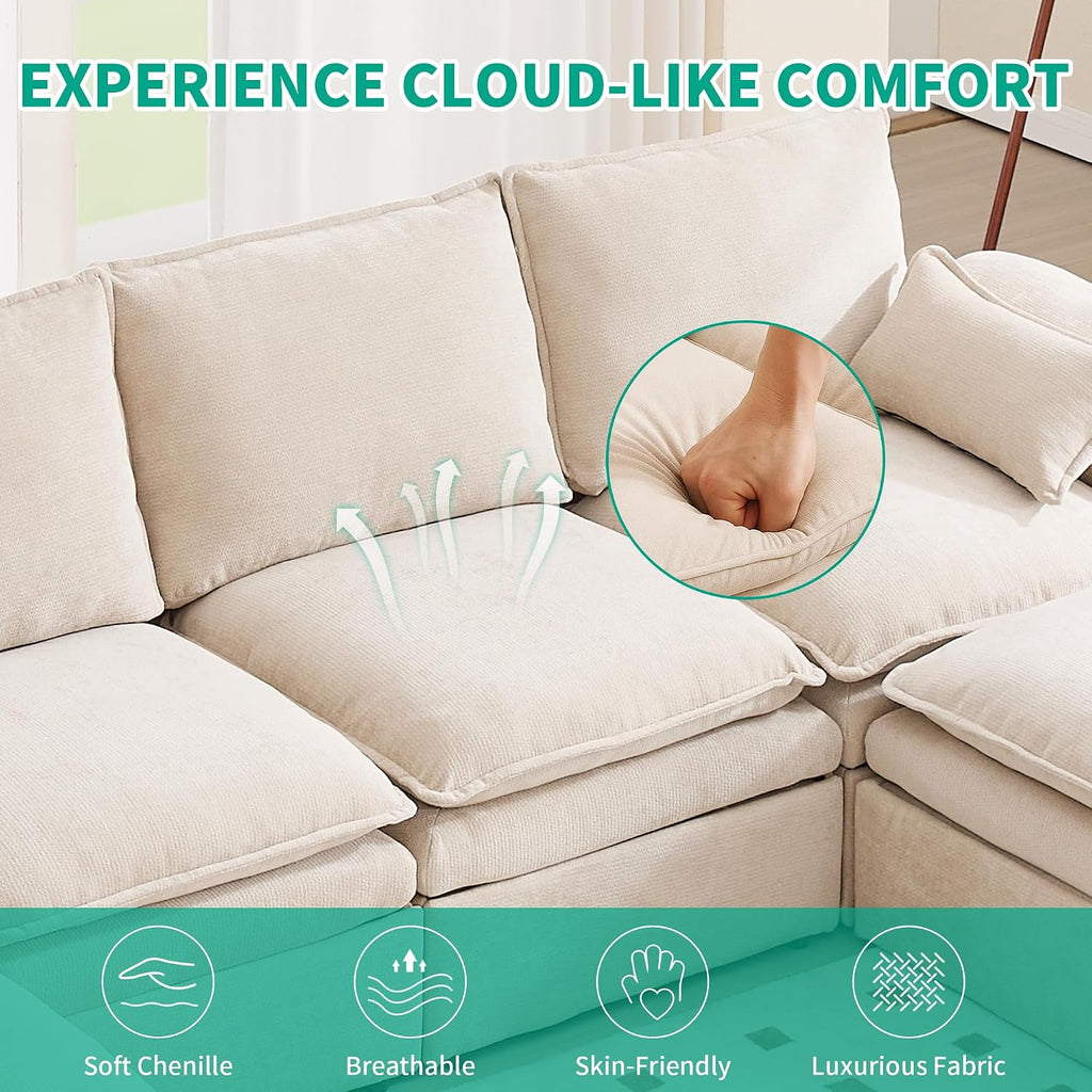 Large U-Shaped Sectional Couch Set - 6/7/8 Seater Oversized Cloud Sofa for Living Room, Big Comfy Chenille Fabric Couches, Extra Long Modular Sofa Bed Furniture (Beige, 6-Seater Sofa)