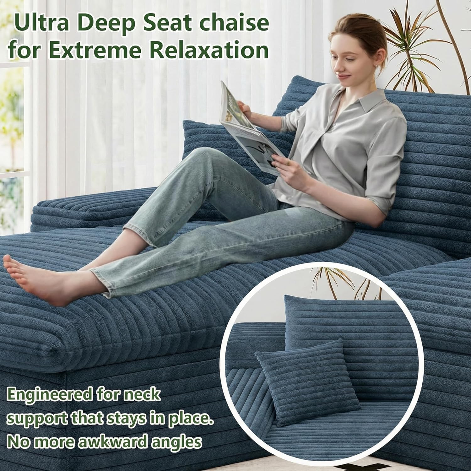 107' Cloud Couch Modular Sectional Sofa for Living Room, U-Shape Boneless Couch with Deep Seat, Modern Corduroy 3-Seater with Ottoman, No Assembly Required (Blue,Left-Facing Chaise)