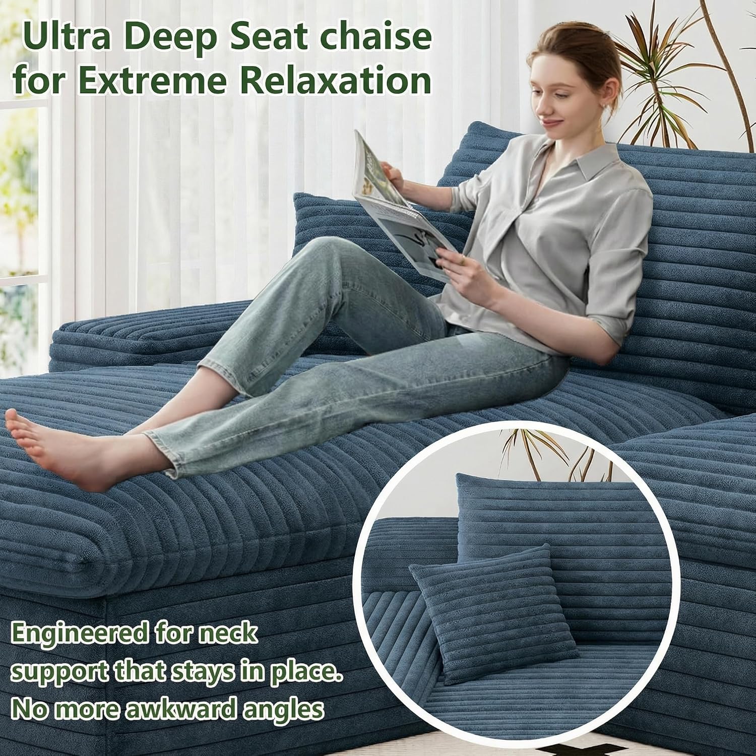 107' Cloud Couch Modular Sectional Sofa for Living Room, U-Shape Boneless Couch with Deep Seat, Modern Corduroy 3-Seater with Ottoman, No Assembly Required (Blue,Left-Facing Chaise)