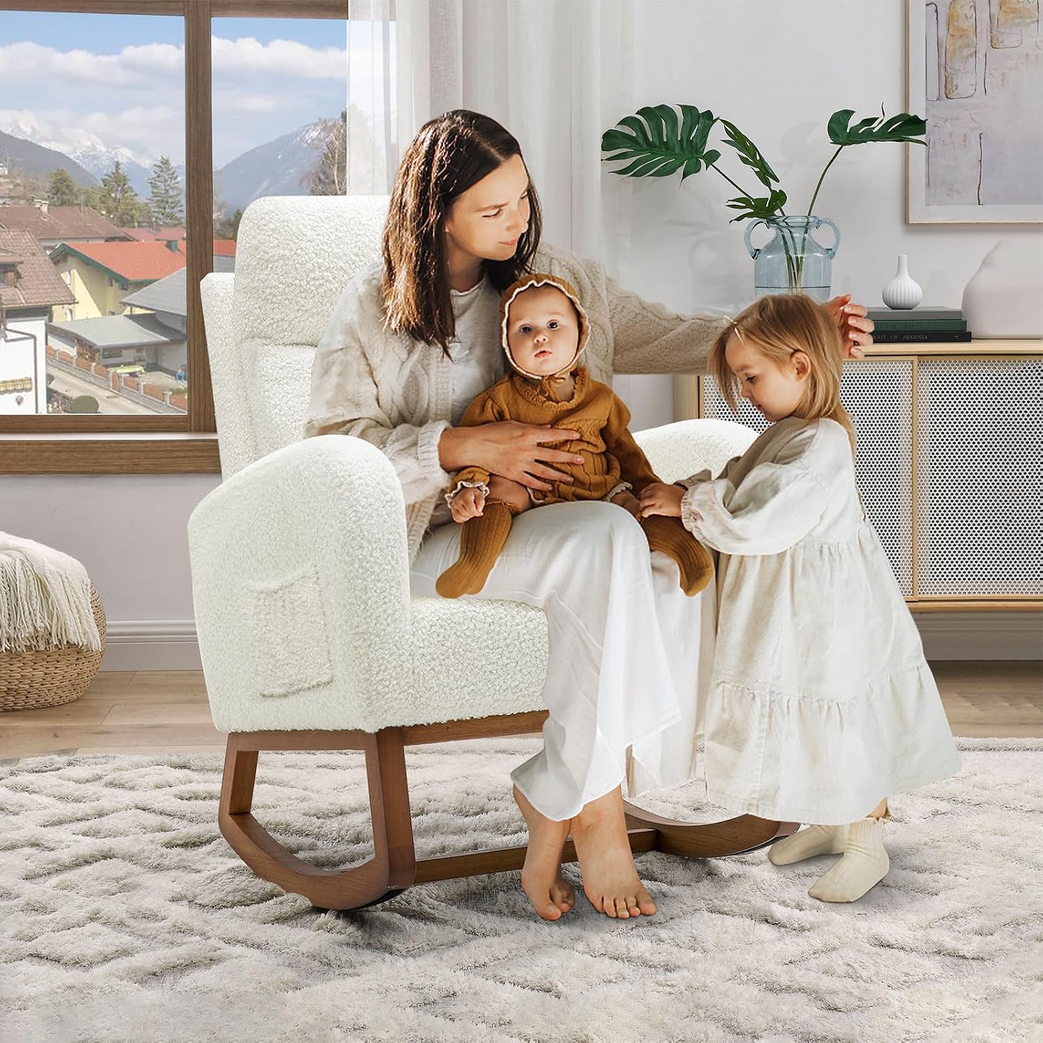 Nursery Rocking Glider Chair, Modern Fabric Tall Back Accent Rocker Chair Upholstered Arm Chair w/Side Pockets, Modern Leisure Single Sofa for Living Room, Hotel, Bedroom, Office, Cream