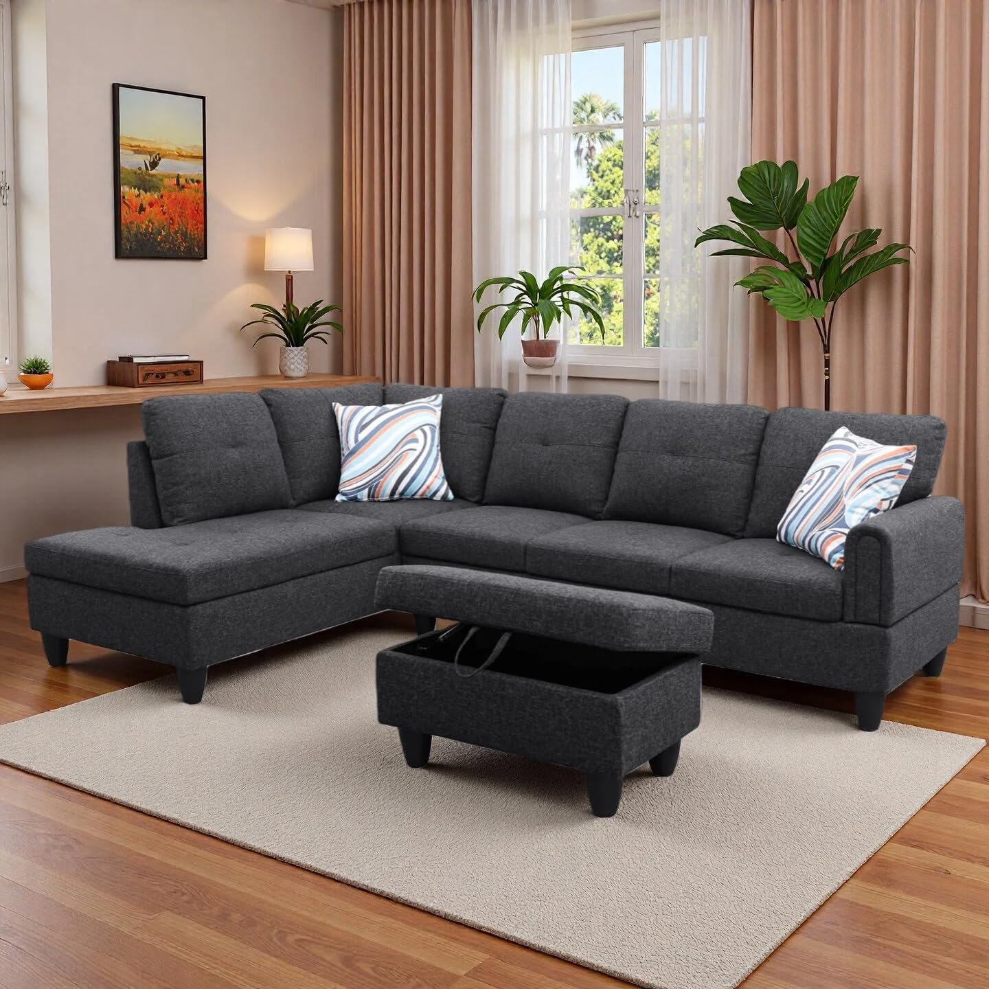 L-Shaped Sectional Sofa with Movable Chaise & Storage Ottoman, Lounge 3-Piece Modular Convertible Couches for Living Room, Apartment & Office, Blackish Gray