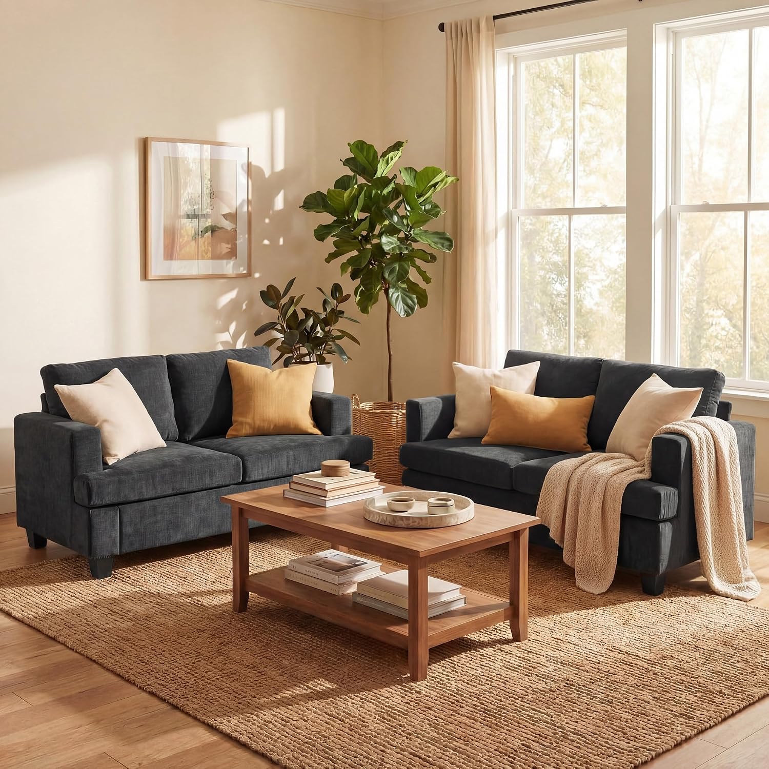 YOUDENOVA 2 Piece Set Comfy Sofa Couch, Loveseat Sofa * 2 with Deep Seats, Modern Sleeper Couch for Living Room, Dark Grey Chenille