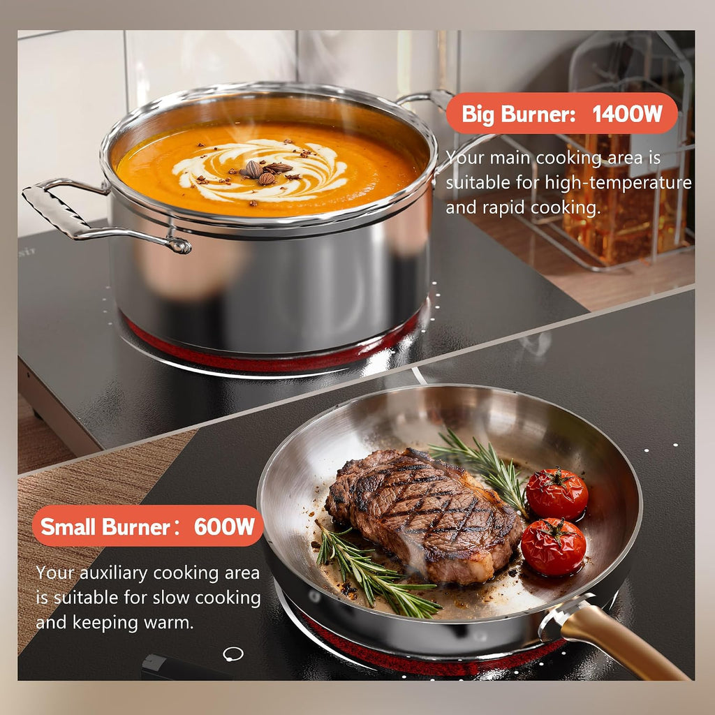 Hobsir 2 Burner Electric Cooktop 110v, Plug in Electric Stove Top, 2000W Electrical Stove Top Burner, 12 Inch Countertop & Built-in Ceramic Cooktop, Knob Control, 9 Power Level