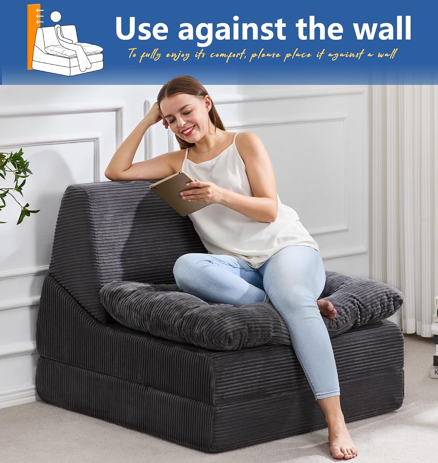Hobestluk Sofa Couch Folding Sofa Bed Comfy Floor Lounger Convertible Sofa with Removable Cushion Couches for Small Spaces Foldable Mattress for Living Room Bedroom or Office (Cordury Grey, Large)
