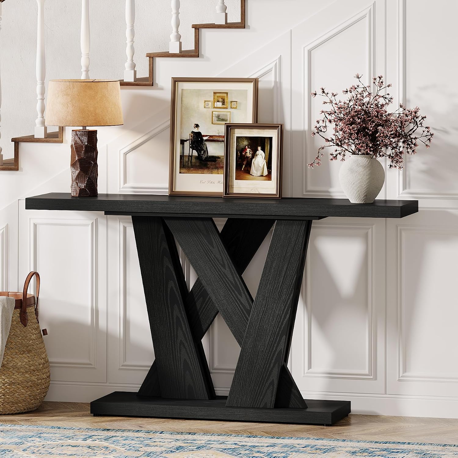 Tribesigns 55-Inch Farmhouse Console Table, Farmhouse Behind The Couch Table TV Stand with Geometric Base, Skinny Sofa Table Entryway Table for Entrance, Living Room, Hallway, Foyer, Black