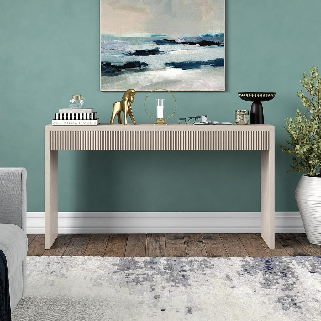 Henn&Hart 55' Rectangular Fluted Console Table, Ribbed Entryway Table, Sofa Table for Entryway, Living Room, Couch, Hallway, or Office, Beech White