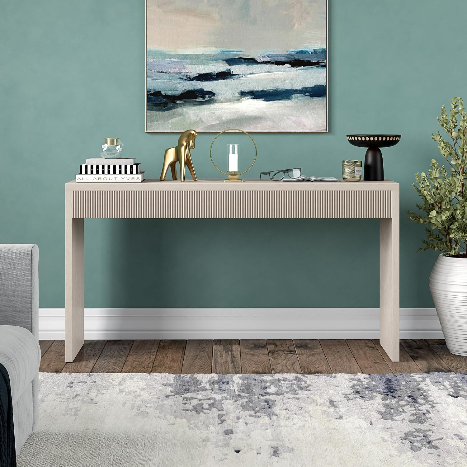 Henn&Hart 55' Rectangular Fluted Console Table, Ribbed Entryway Table, Sofa Table for Entryway, Living Room, Couch, Hallway, or Office, Beech White