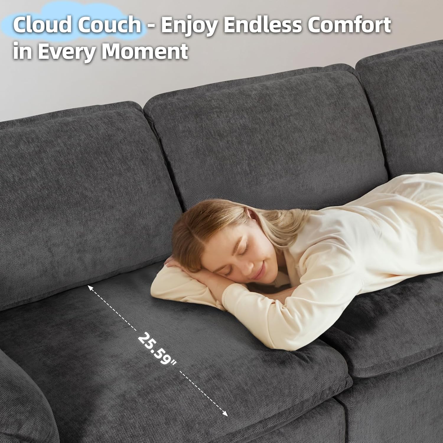112' Cloud Couch Sectional with Padded Armrests & Moveable Ottoman Boneless Sectional Couches for Living Room Dark Grey Couch, No Assembly Required
