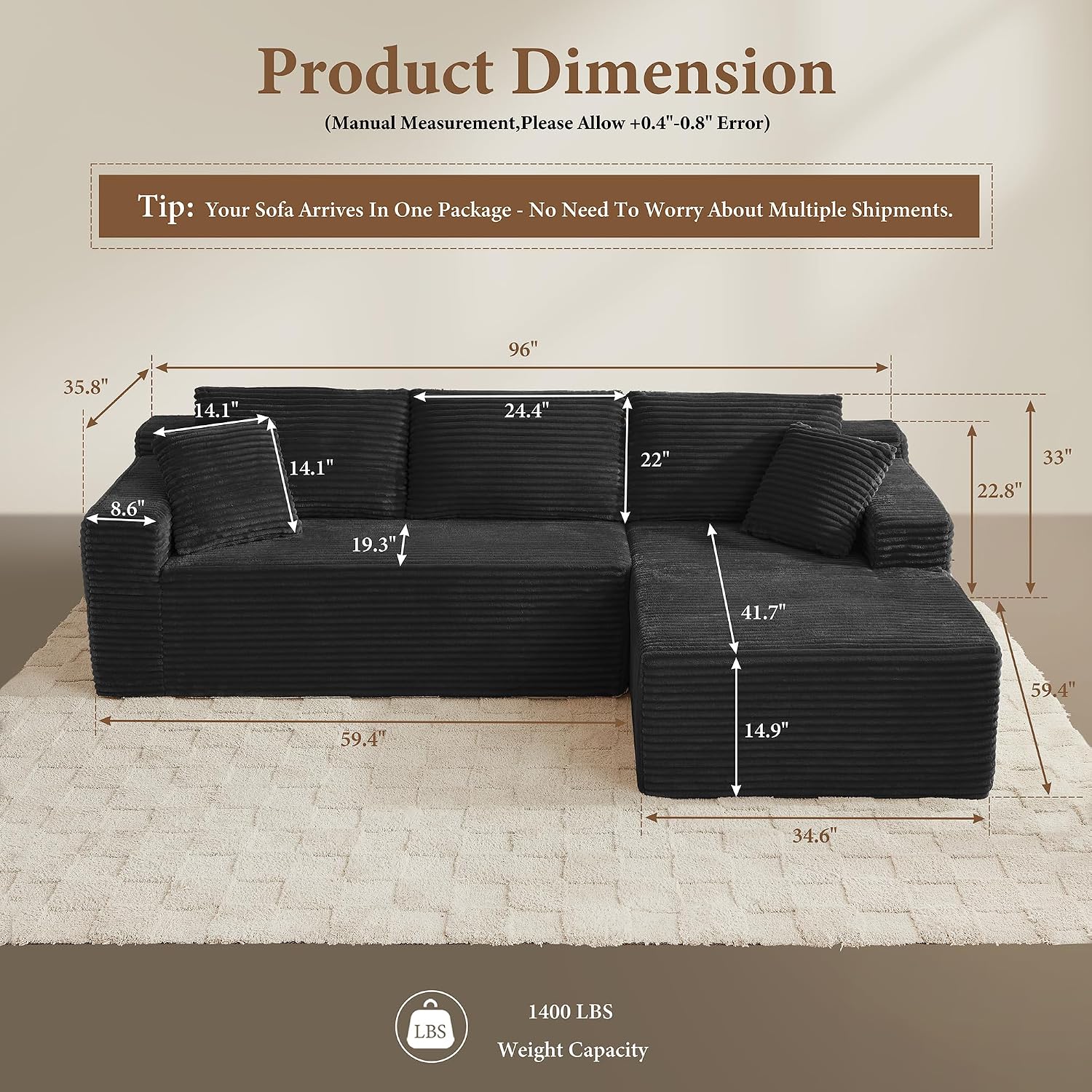 96' Sectional Couches for Living Room Cloud Couch Sofa with L-Shape Upholstered Boneless Couchs Modern Modular Sectional Couch with Chaise (Black, 95' W+Right Facing Chaise+2Seaters)