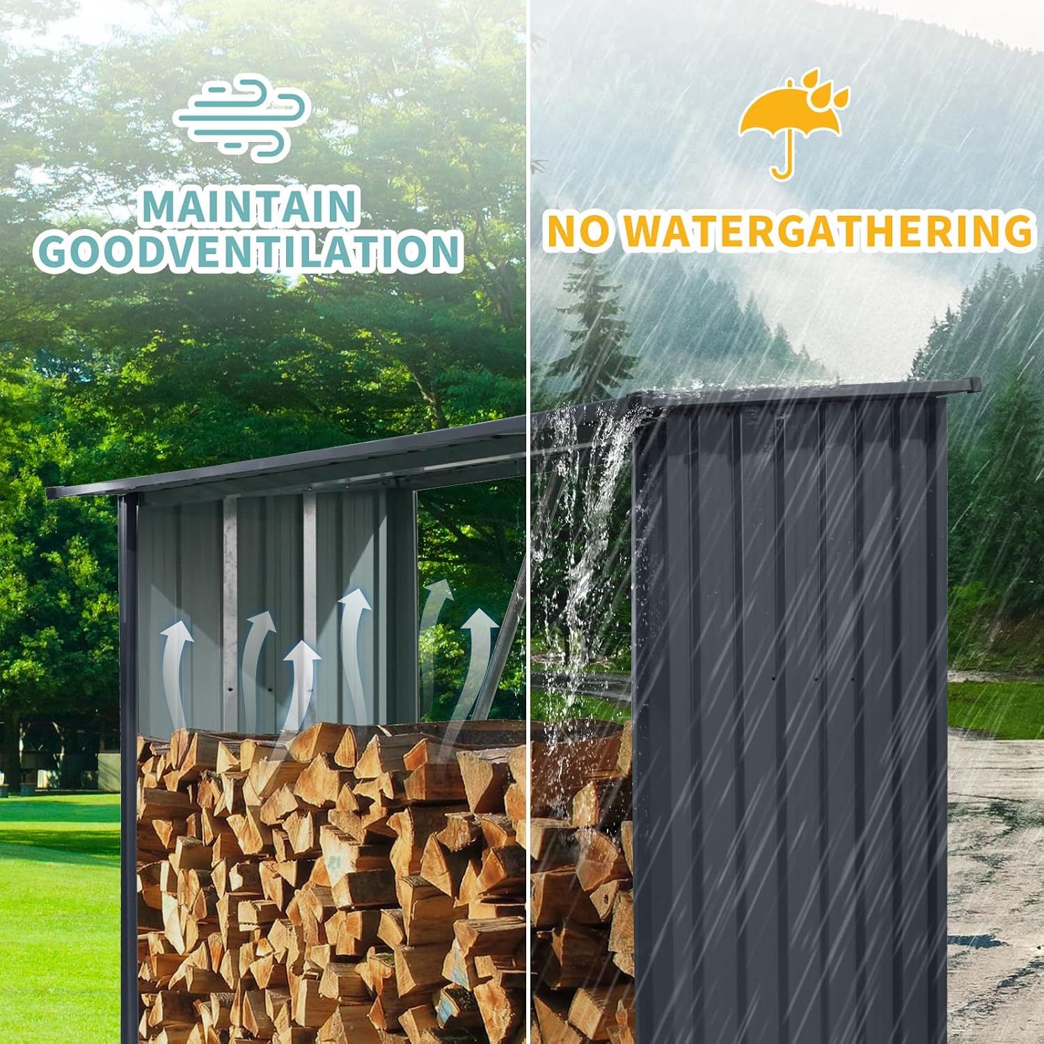 Outdoor Firewood Rack, 3ft x 7ft Garden Log Storage Shed, Firewood Rack Holder Outdoor in Galvanized Steel with Sloped Roof for Pellet,or Lumber Storage,Black