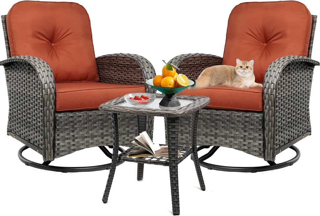 3-Piece Swivel Rocker Wicker Chair Set of 2 ，360-Degree Rocking Chairs Outdoor with Cushions，Glass Table for Garden,Backyard, Bistro.Red