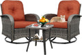 3-Piece Swivel Rocker Wicker Chair Set of 2 ，360-Degree Rocking Chairs Outdoor with Cushions，Glass Table for Garden,Backyard, Bistro.Red