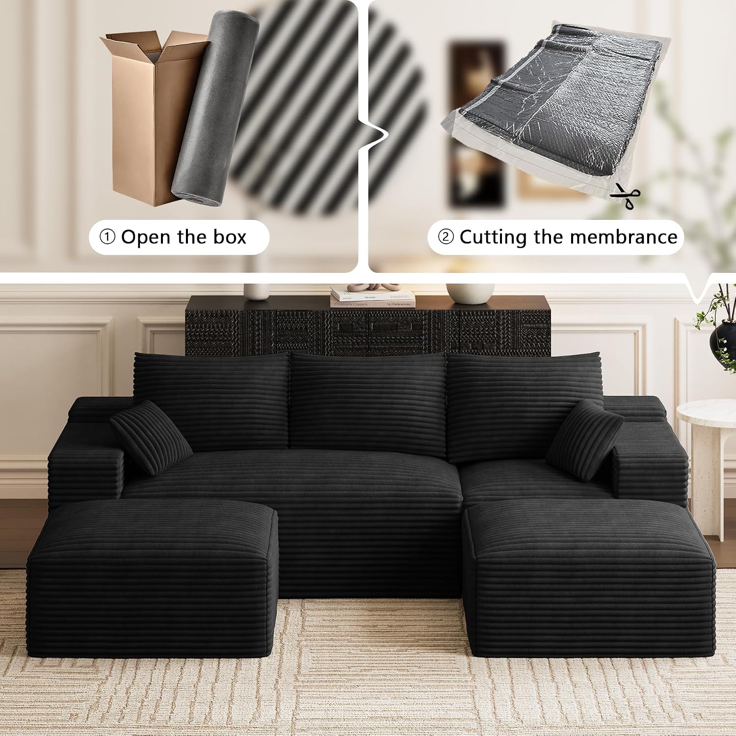 108' Oversized U-Shaped Sectional Couches for Living Room, Comfy Fluffy Corduroy Black Boneless Cloud Couch with 2 Ottomans, Plush Memory Foam Modular Sectional Sofa for Small Spaces