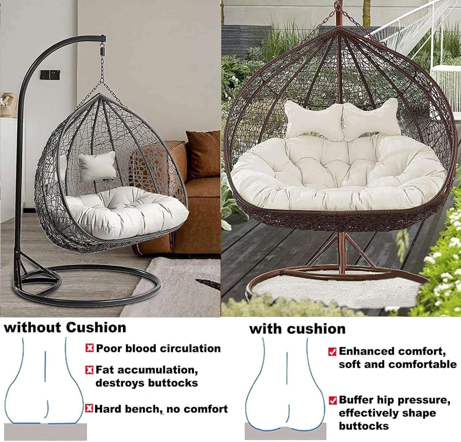 ZTGL 2 Persons Hammock Swing Chair Cushion, Double Egg Chair Pads Luxury Outdoor Patio Wicker Loveseat Hanging Swing Egg Chairs for Patio Backyard Balcony,I,1 pc 110x150cm
