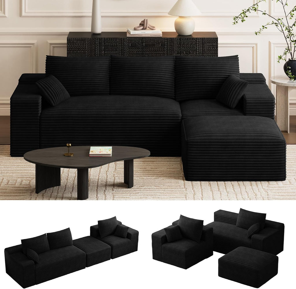 108' Oversized L-Shaped Sectional Couches for Living Room, Comfy Fluffy Corduroy Black Boneless Cloud Couch with Ottoman, Plush Memory Foam Modular Sectional Sofa for Small Spaces