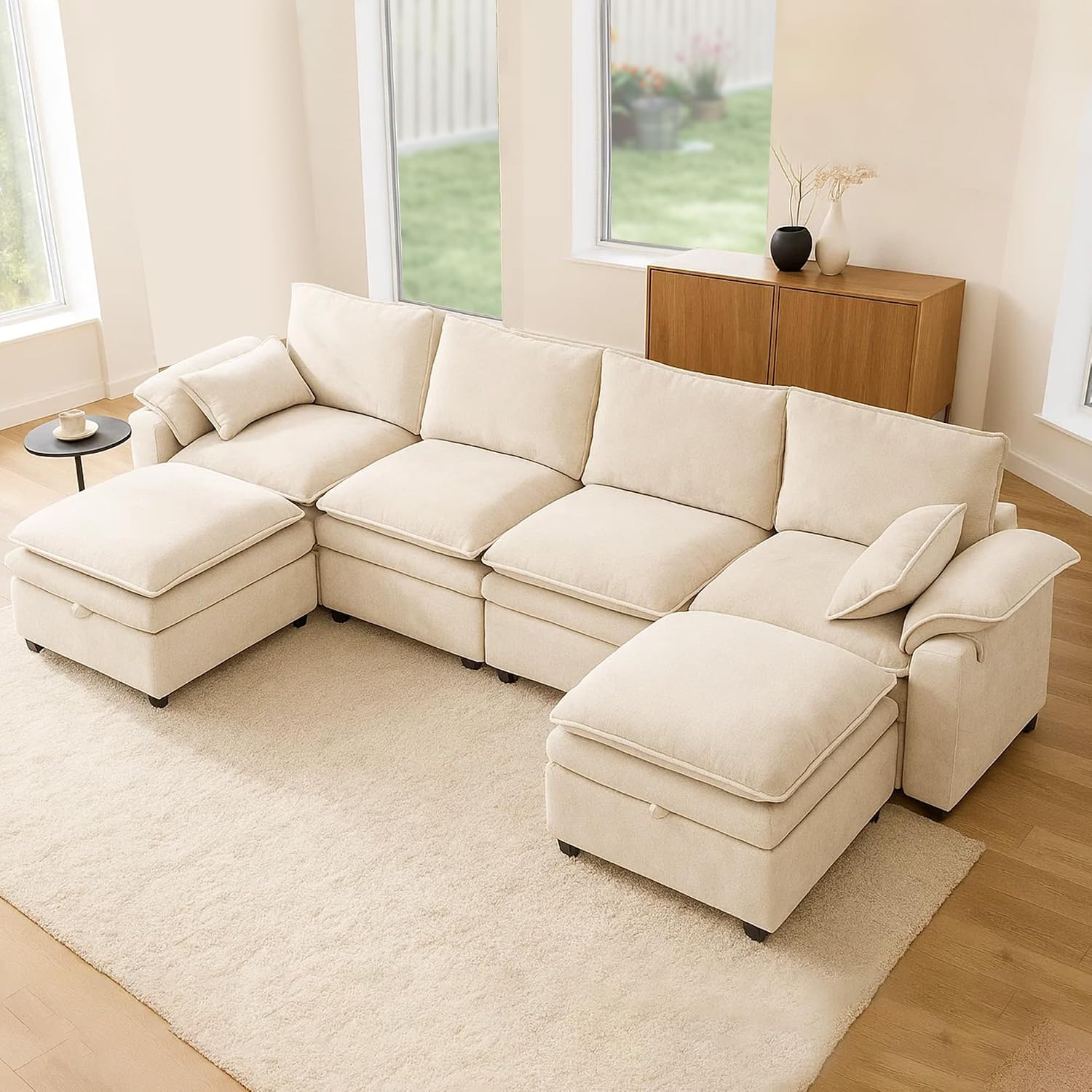 Large U-Shaped Sectional Couch Set - 6/7/8 Seater Oversized Cloud Sofa for Living Room, Big Comfy Chenille Fabric Couches, Extra Long Modular Sofa Bed Furniture (Beige, 6-Seater Sofa)
