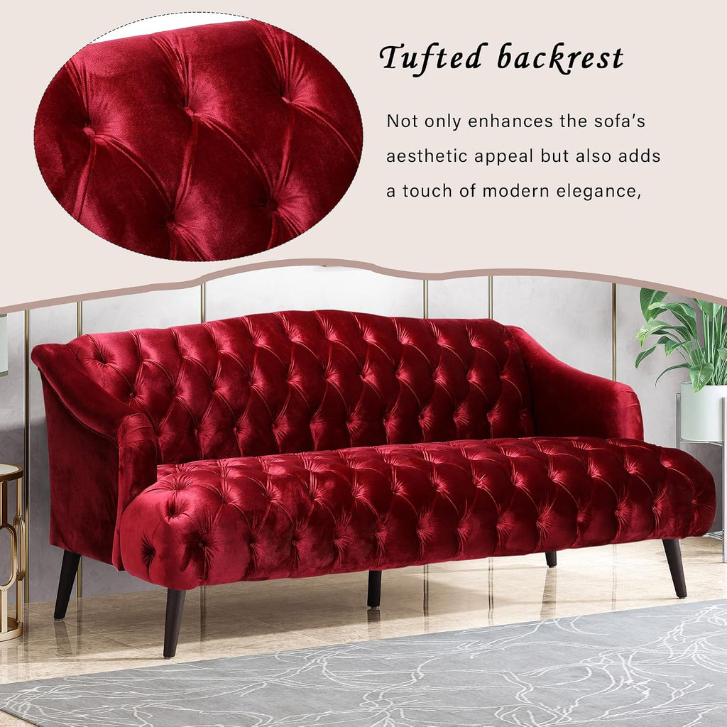 Wine Red Modern Velvet Loveseat Sofa Couch, 73' Mid - Century Tufted Upholstered Small Love Seat Couch, Curved High Back 3-Seats Couches for Compact Space, Living Room, Apartment (Wine Red)