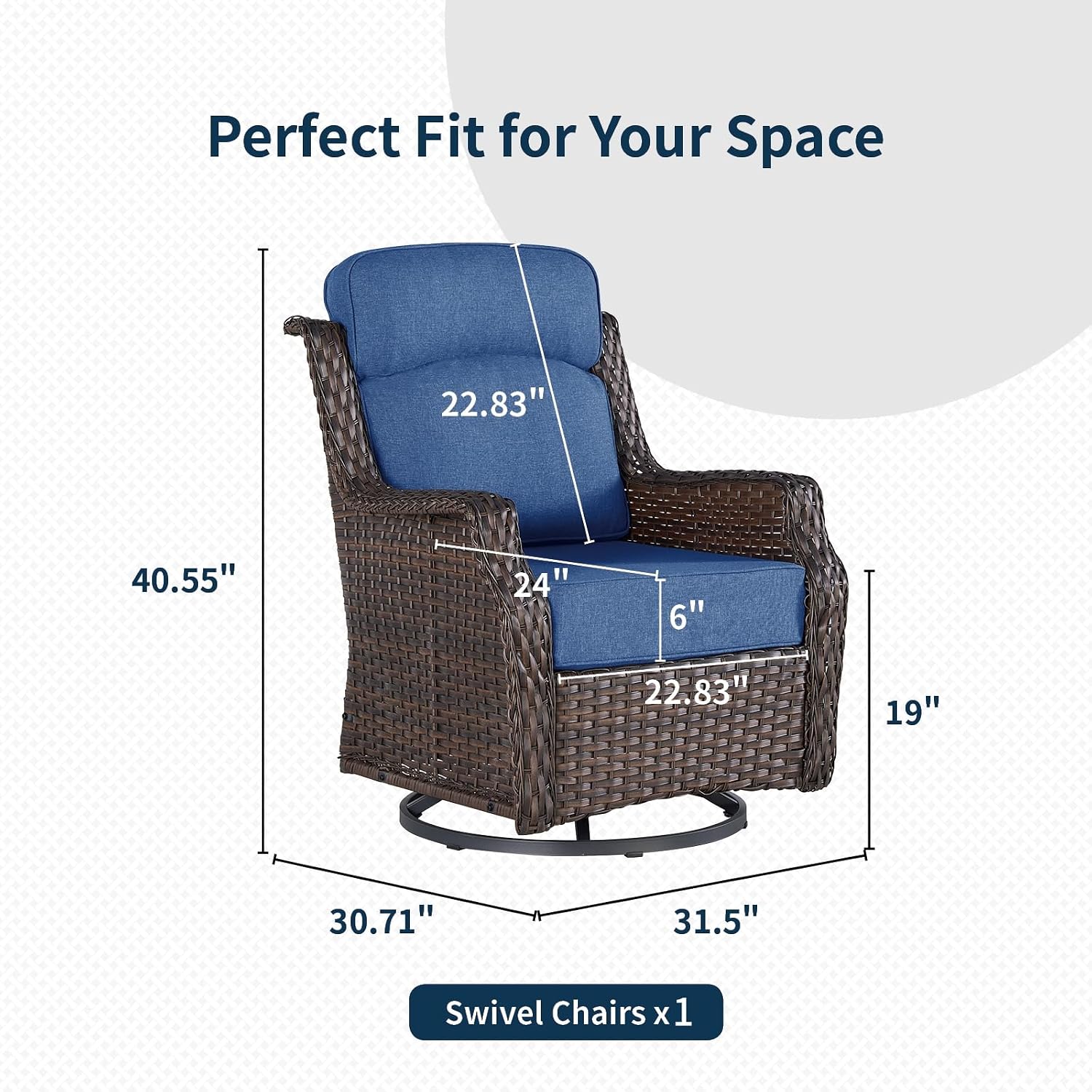Outdoor Wicker Swivel Rocker Chair with 6-Inch Thick Cushions, High Back Patio Glider Chair, 360° Swivel & Rocking Motion for Porch, Deck, Balcony, Poolside, Brown/Blue