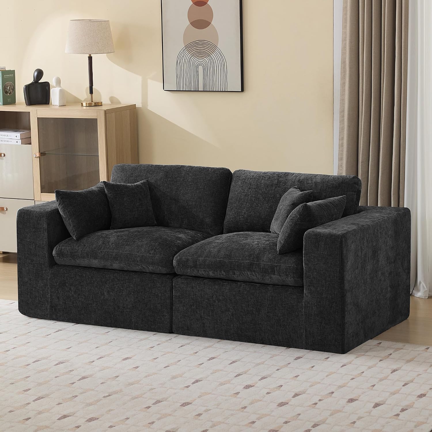 83''Cloud Boneless Sectional Couch, Modular Sectional Sofa Deep Seat, Upholstered Convertible Comfy Loveseat Chenille Memory Foam Sofa Couches for Living Room, Dark