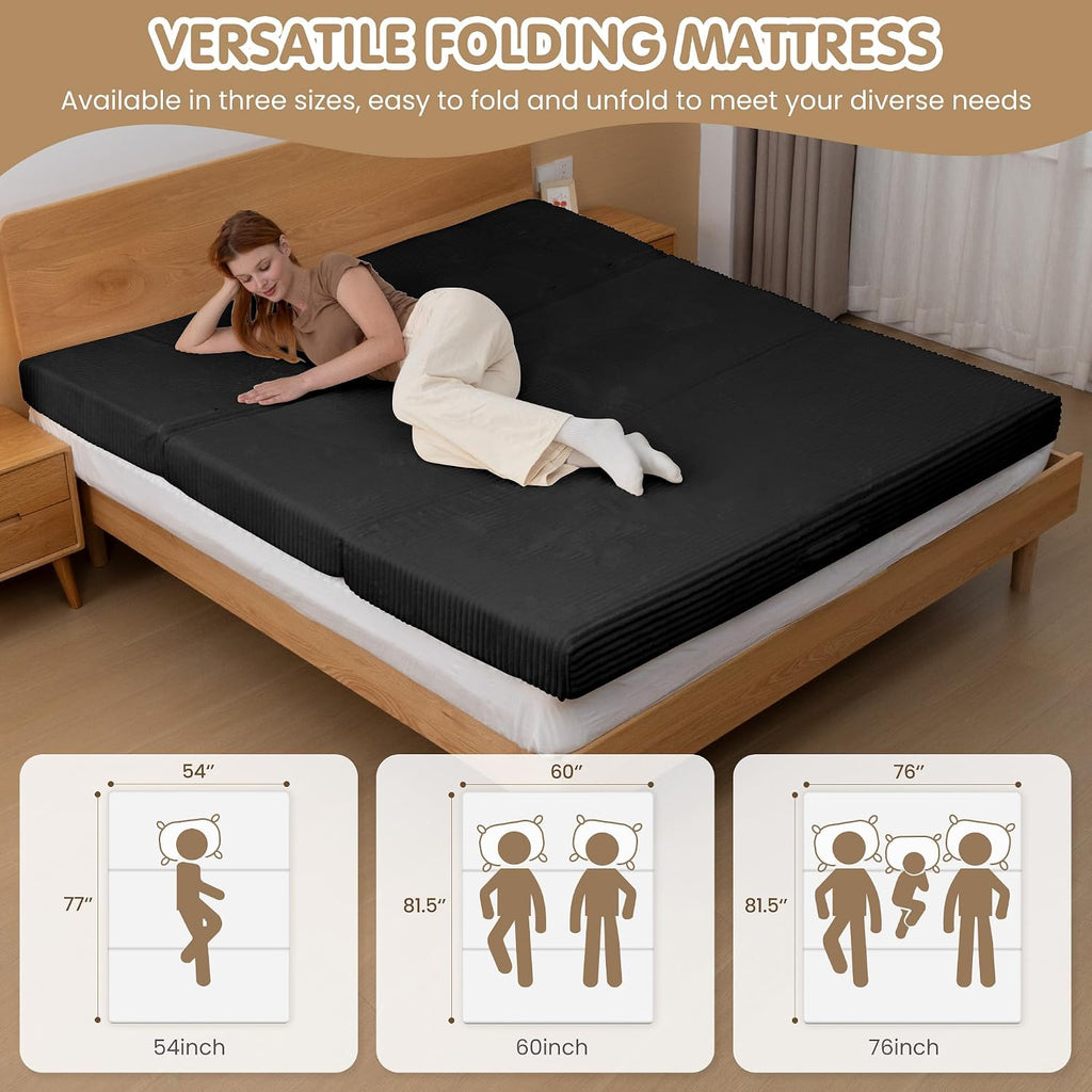 5-in-1 Convertible Sofa Bed,60' Boneless Couch Tri Folding Floor Mattress with Removable L-Shaped Armrests & Handle,Corduroy Futon Couch Sleeper with Pull Out Bed for Living Room Bedroom Apartment