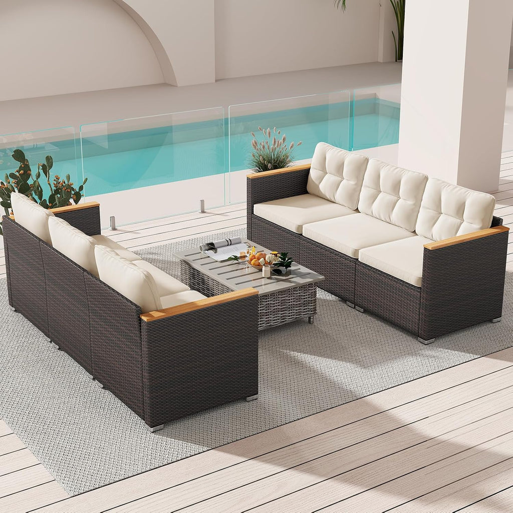 Tangkula 3-Seat Patio Wicker Couch Sofa, Outdoor 3 Seater Rattan Furniture Set with Acacia Wood Armrests & Thick Cushion, Outside Sectional Sofa Couch for Porch, Deck, Garden and Backyard, Off White