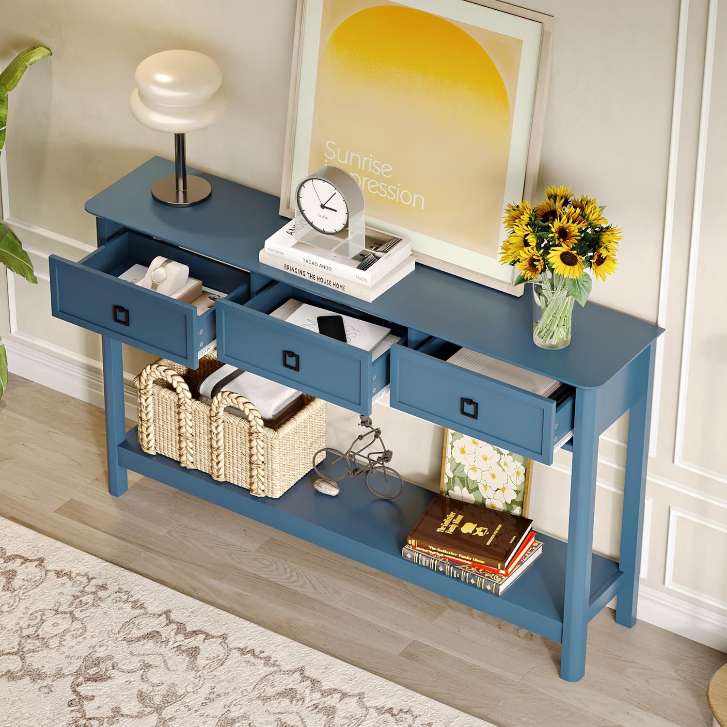 Treocho 53.1' Console Table with 3 Drawers, Modern Entryway Table, 2-Tier Narrow Long Sofa Table Behind Couch Table for Living Room, Hallway, Blue