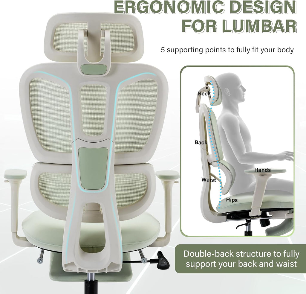Ergonomic Mesh Office Chair with Retractable Footrest - High Back Computer Chair, Lumbar Support, Adjustable Armrest and Headrest, Durable Base - Multifunctional Home Office Desk Chair for Adults