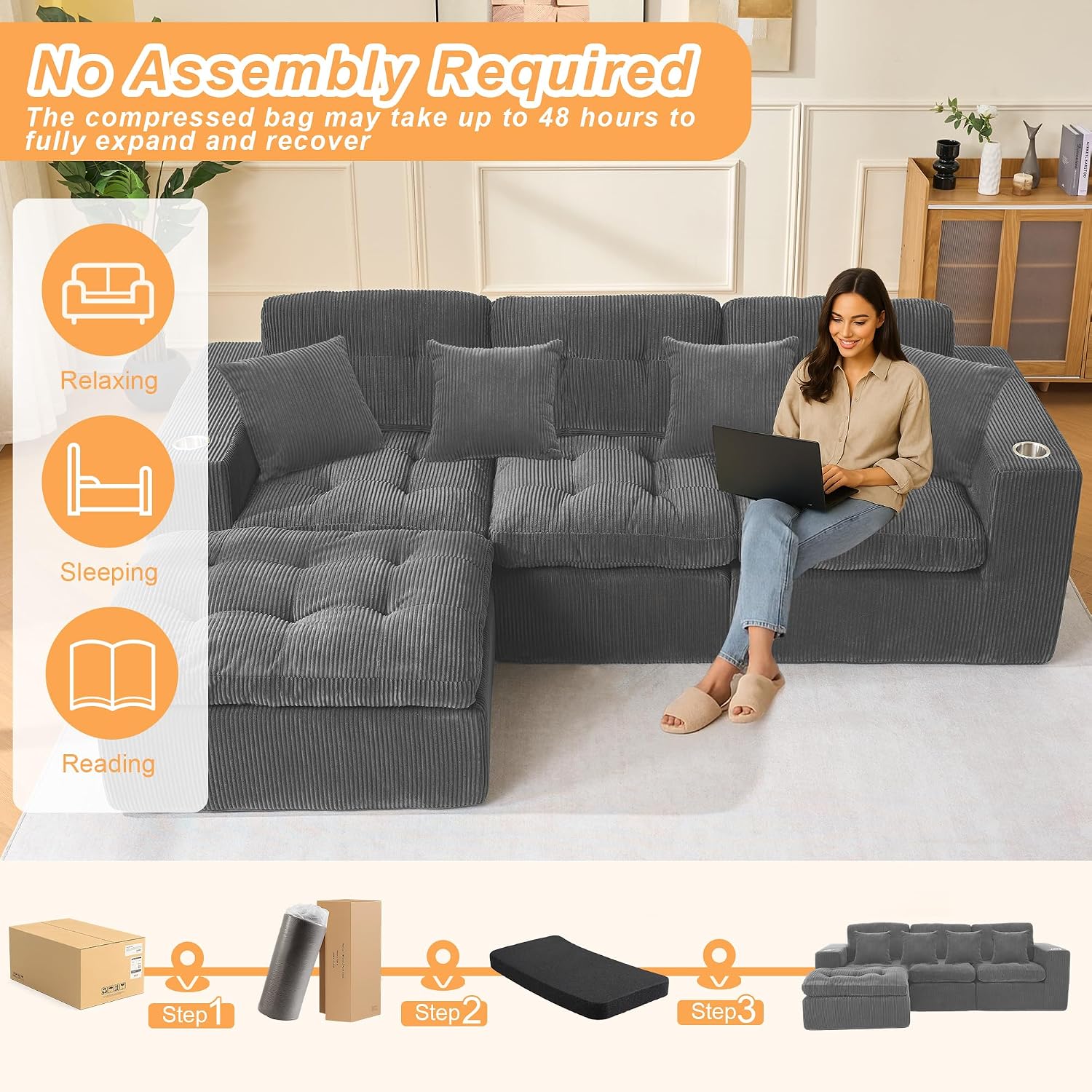 Black L Shaped Modular Cloud Sectional Sofa, Comfy 3 Seater Sectional Couches for Living Room with Cup Holders, Modern L Shape Sofa Set for Living Room Bedroom (Grey)