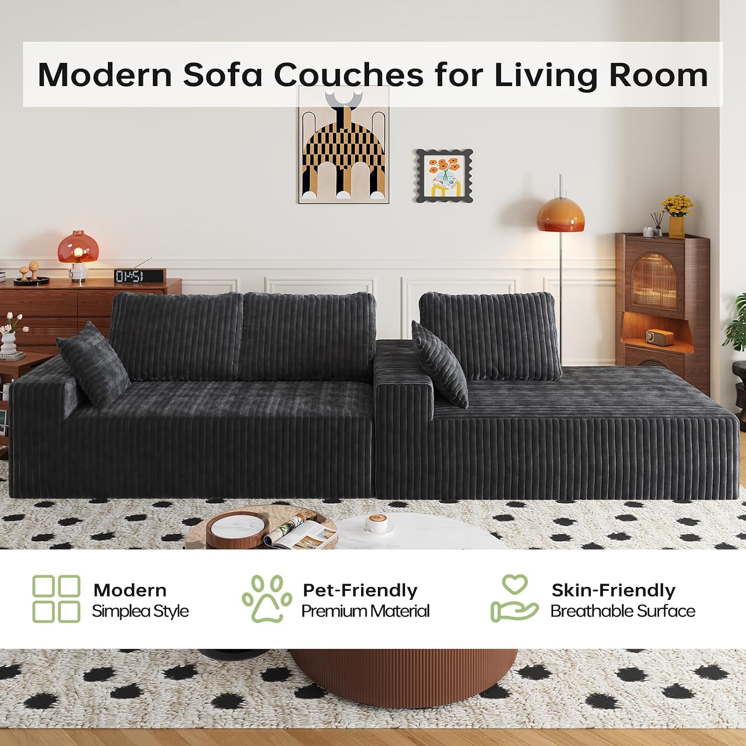 108' Modular Sectional Cloud Couch for Living Room Deep Seat L Shapes Boneless Couch with Oversized Chaise Lounge, Comfy Memory Foam Flannel Fabric Sofa for Bedroom Apartment, No Assembly Required