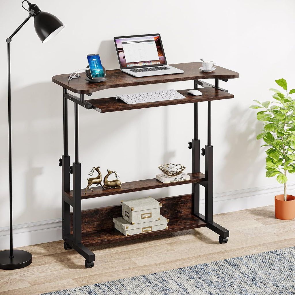 Tribesigns Portable Desk with Power Outlets, Height Adjustable Side Table Sofa Couch Bedside Laptop Computer Cart with USB Charging Ports, Mobile Small Standing Desk with Keyboard Tray