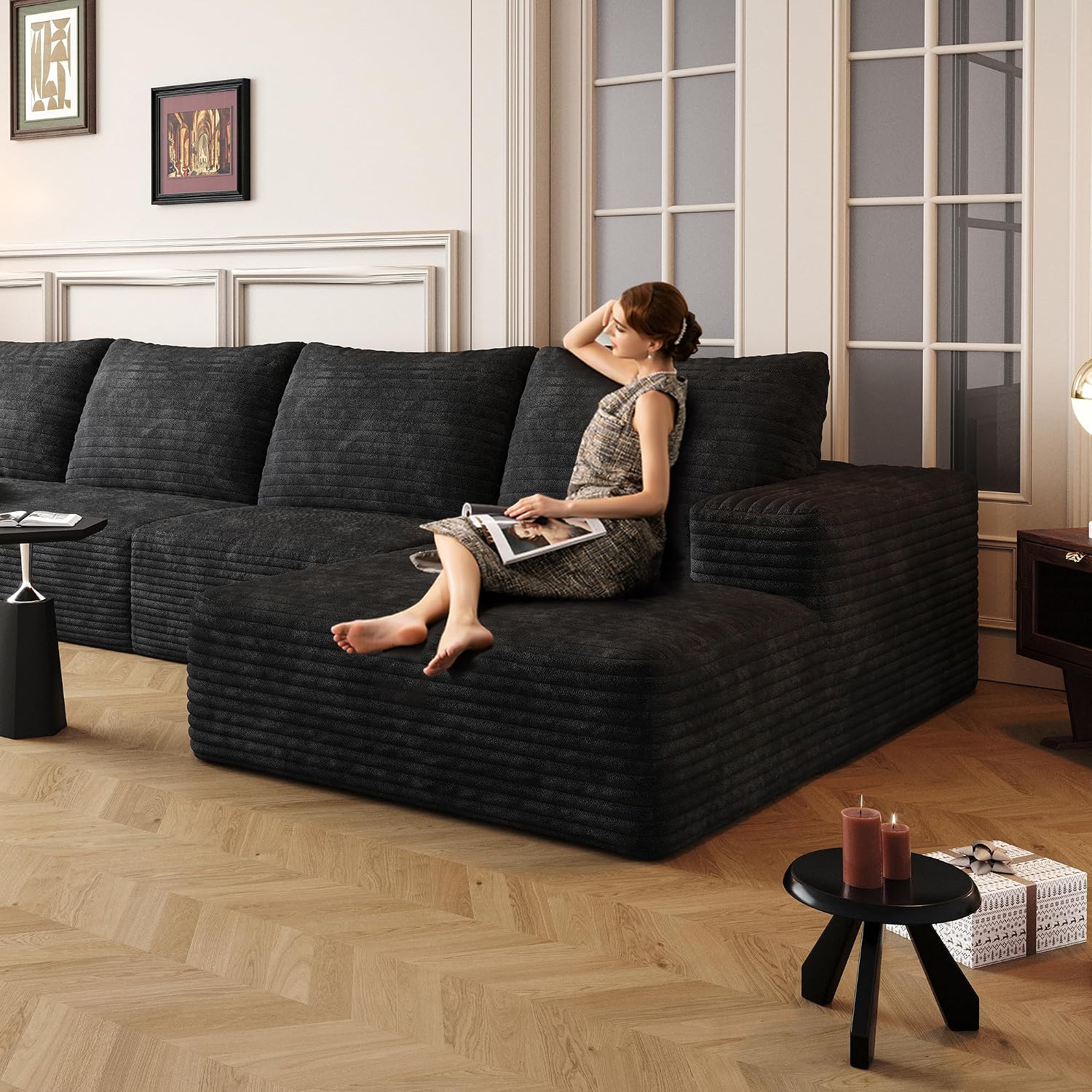 107 inch Cloud Sectional Couch Boneless Sofa in a Box for Living Room, Foam Floor Modular Sectional Sofa w/Deep Seat, Fluffy Corduroy Upholstered Couch with L-Shaped Chaise